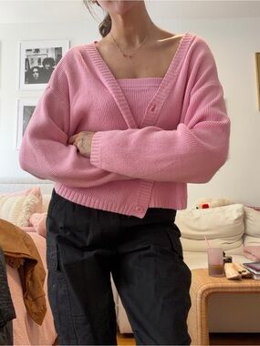 Soft Pink V-Neck Knit Cardigan & Tank Set